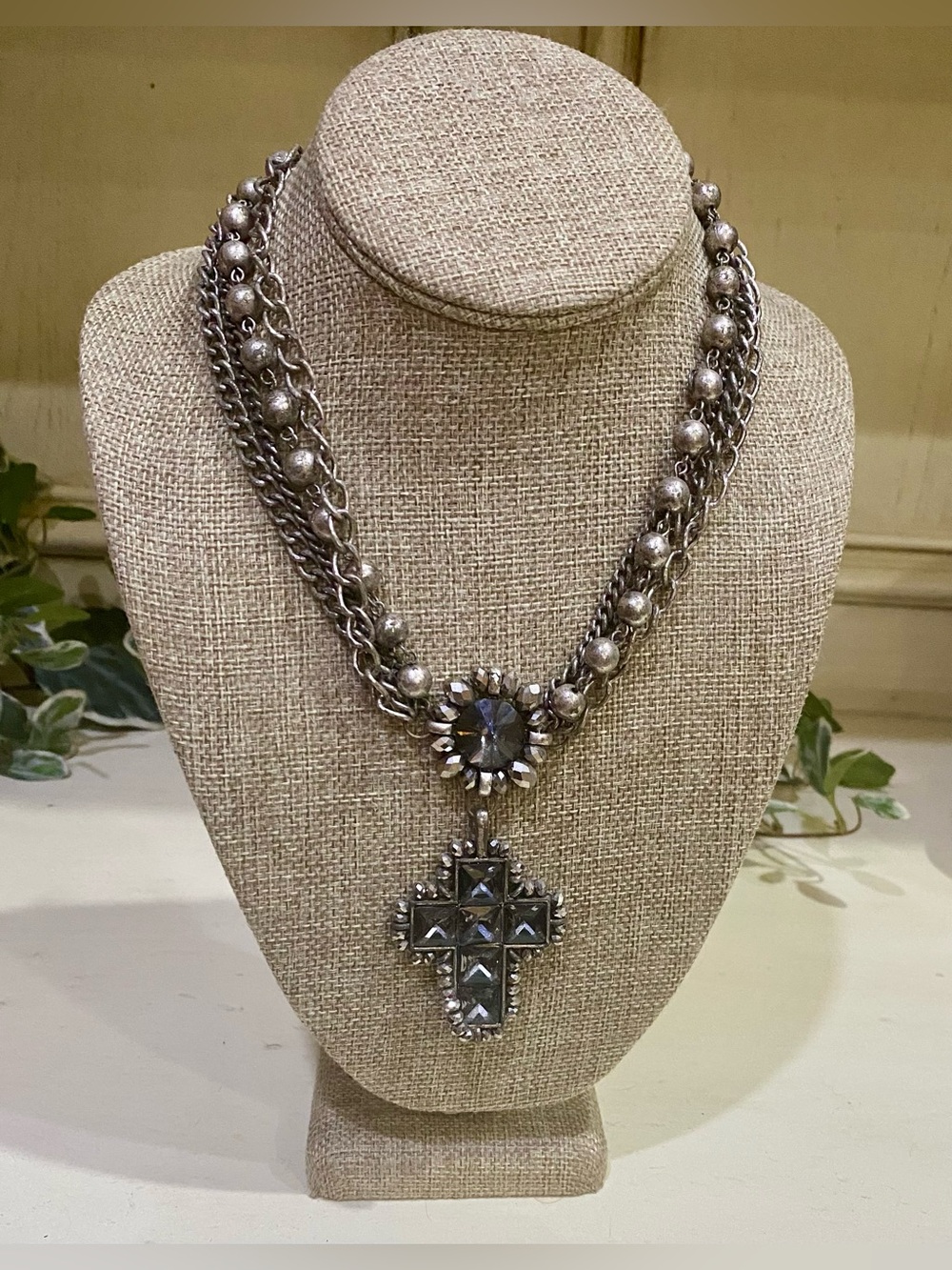 Multi Strand Black Cross Necklace Rhinestone Statement Jewelry